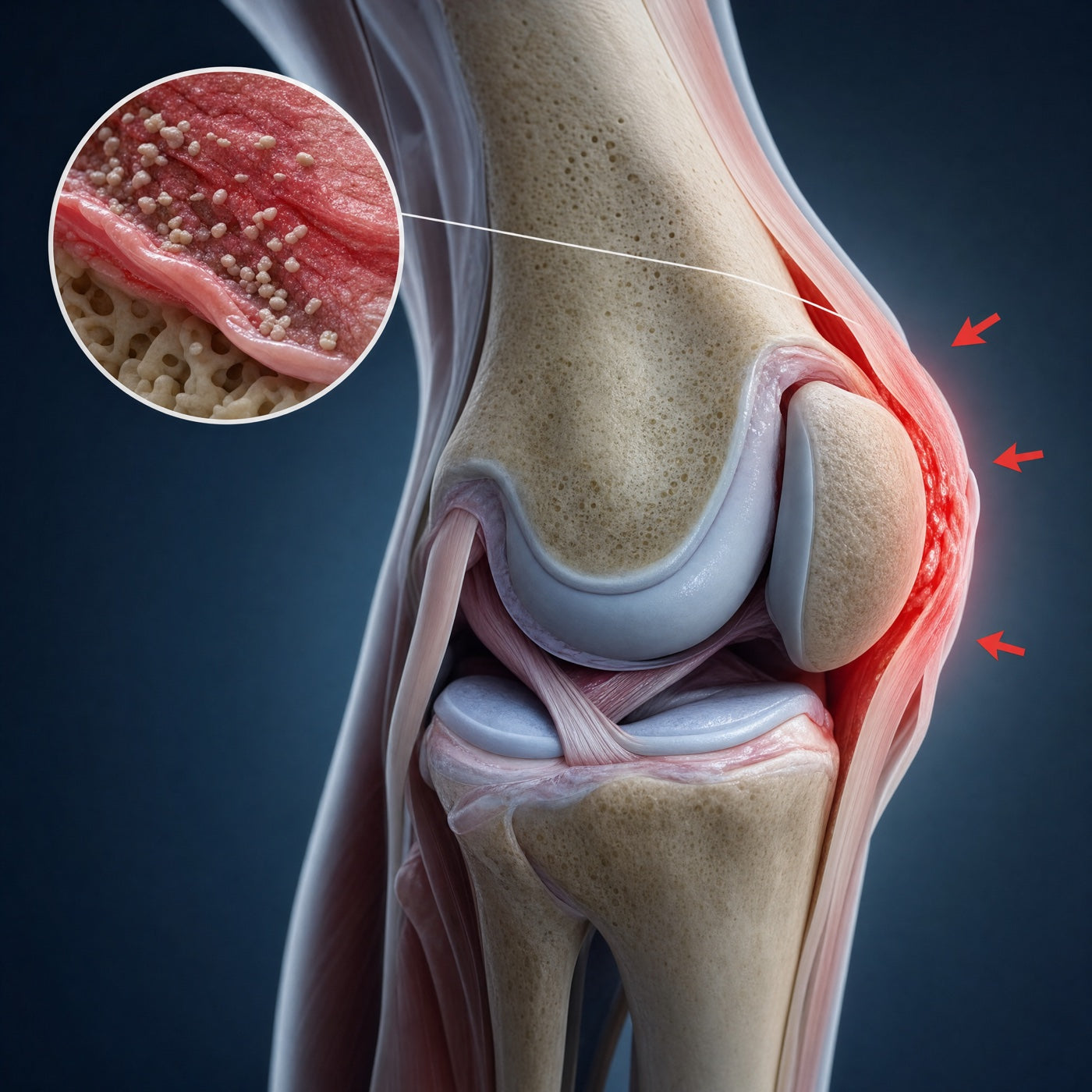Anatomische Darstellung des Kniegelenks mit Kniescheibe – hier stützt die Kniebandage mit Patella-Gelpolster
