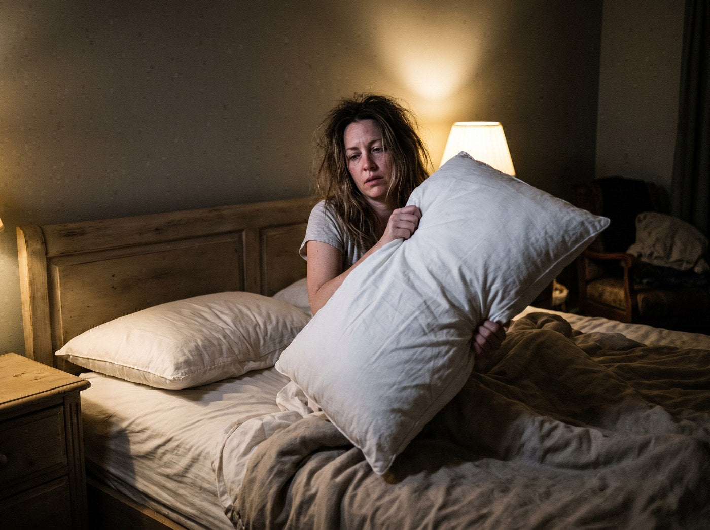 Frau richtet nachts im Bett ihr Kopfkissen neu – Kissen ständig zurechtrücken