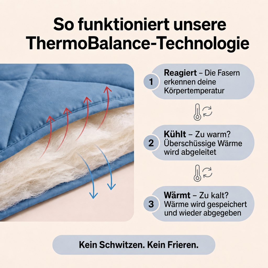 So funktioniert die ThermoBalance-Technologie der Lunava 2-in-1 Bettdecke: reagiert, kühlt, wärmt