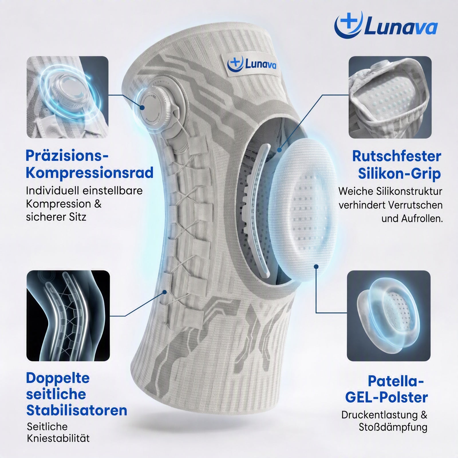 Funktionen der Lunava Kniebandage: Drehrad, Gelpolster, Stabilisatoren