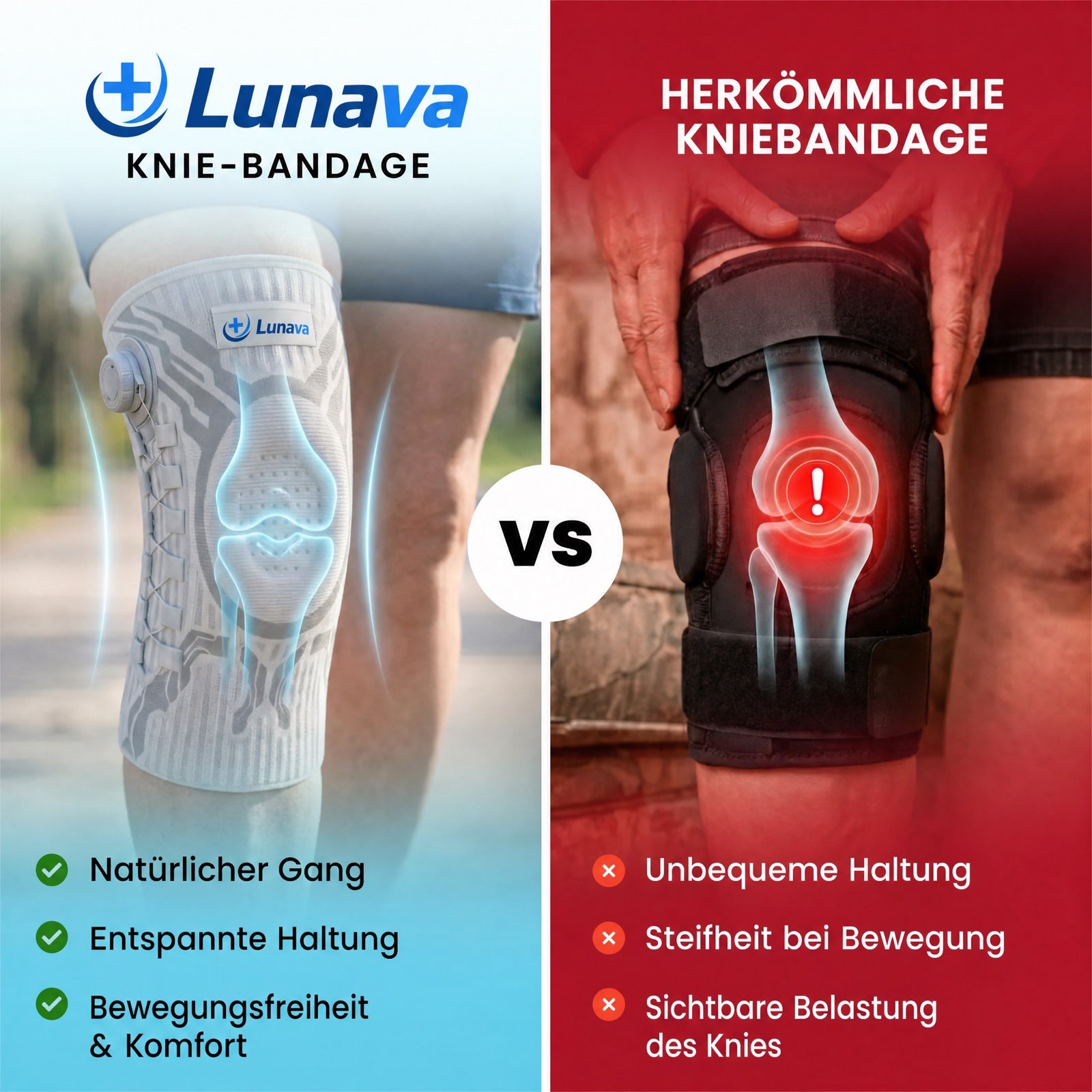 Lunava Kniebandage im Vergleich zu herkömmlicher Kniebandage