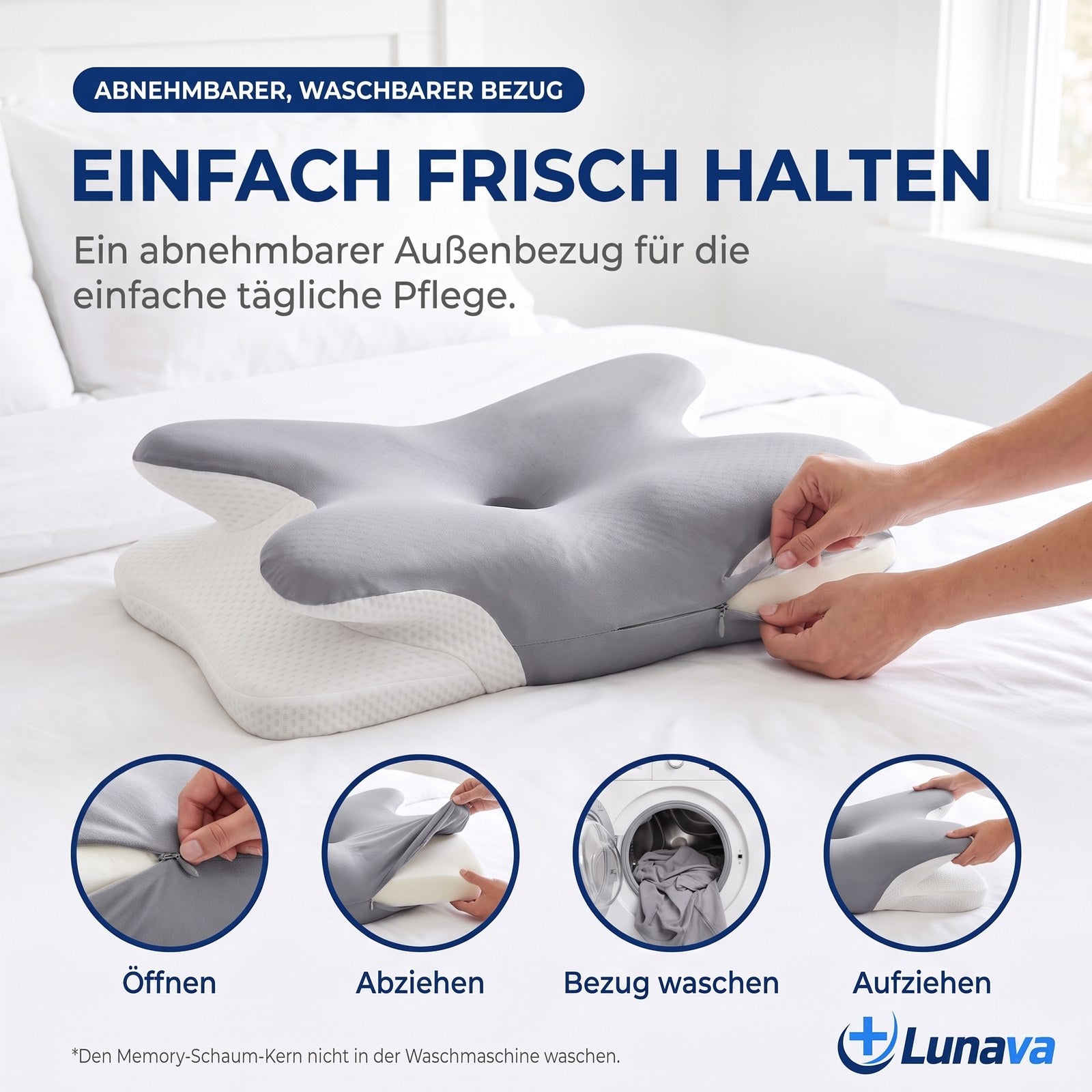 Abnehmbarer, waschbarer Bezug des Lunava Kopfkissens – Pflege in 4 Schritten