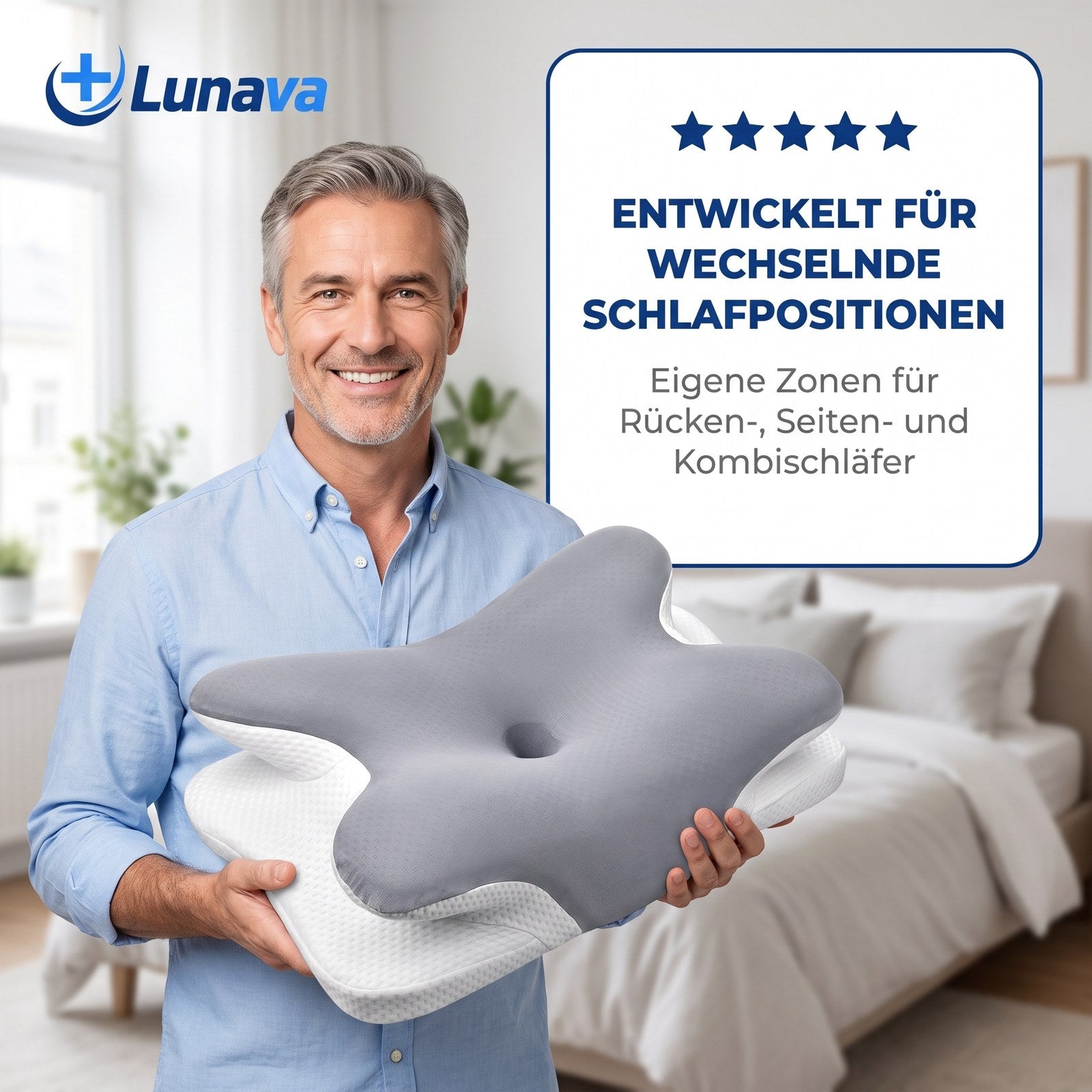 Lunava Kopfkissen für wechselnde Schlafpositionen: Rücken-, Seiten- und Kombischläfer