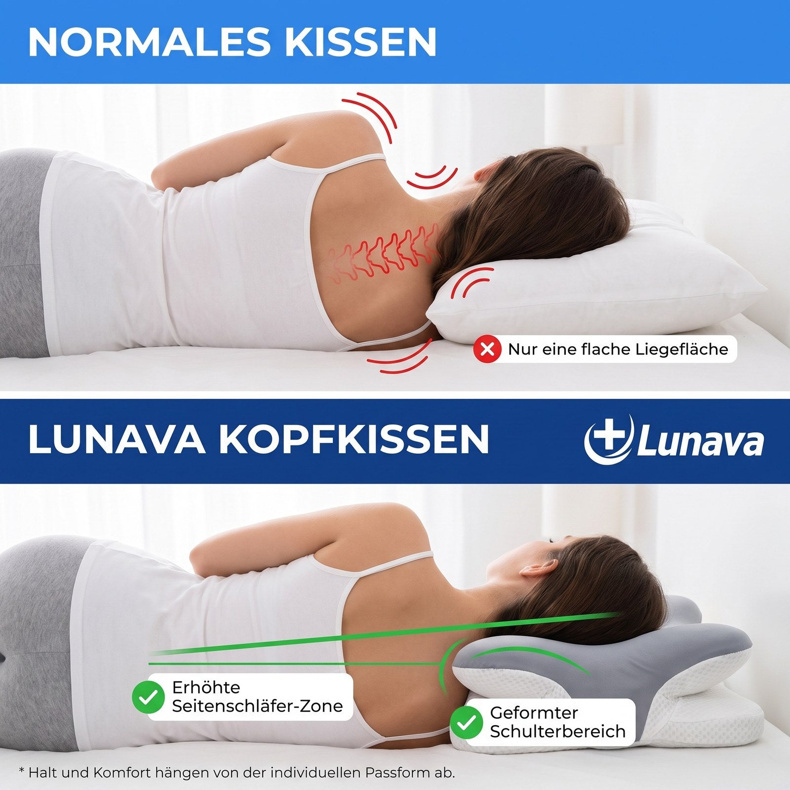 Lunava Kopfkissen im Vergleich zu einem normalen Kissen