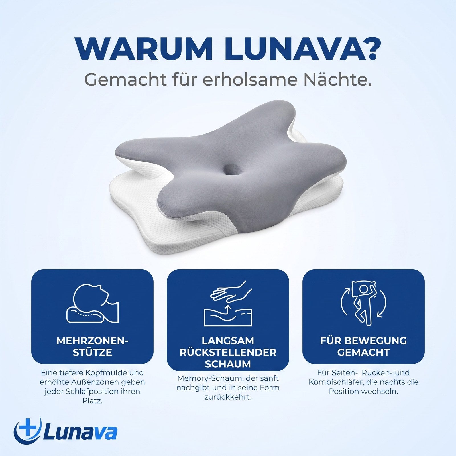 Warum Lunava Kopfkissen: Mehrzonen-Stütze, langsam rückstellender Schaum, für Bewegung gemacht